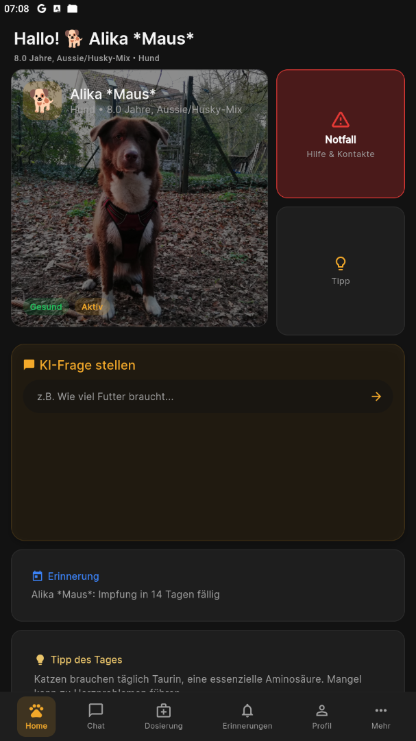 Pfotenhüter App – Startbildschirm mit Tierprofil
