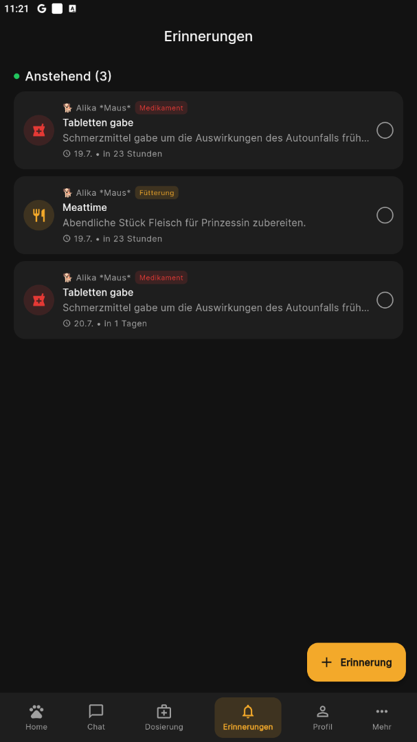 Erinnerungen für Impfung, Medikamente und Fütterung
